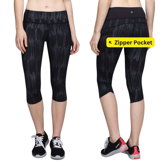 Lululemon Scratch Match Black Multi Top Speed Crop Capri Leggings w/ Pockets - 8 - Picture 1 of 6